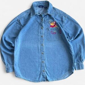Vintage Disney Winnie The Pooh Embroidered Pooh Piglet Denim Button Down Shirt